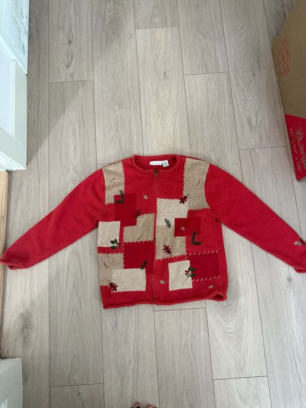 Croft & Barrow Vintage 90s Fall Leaves Patchwork Knit Zip Cardigan Sweater Size